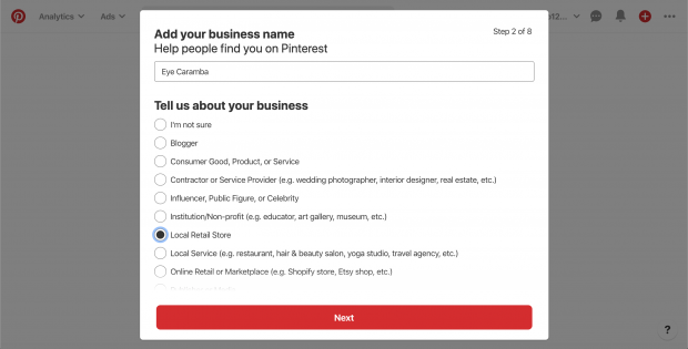 "Add your business name" screen on Pinterest