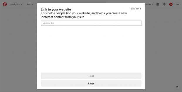 "Link to your website" screen for setting up your business on Pinterest
