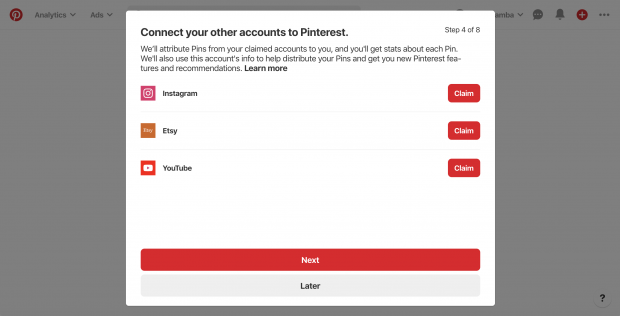 Step 5 in setting up Pinterest business account: selecting interest in advertising or not