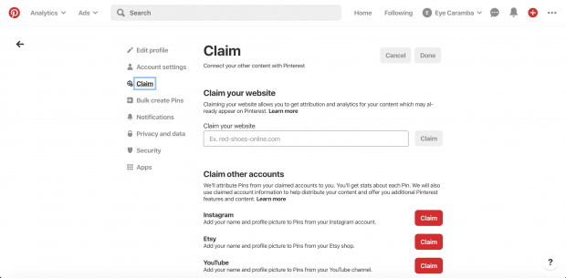 Claim your website page on Pinterest business profile