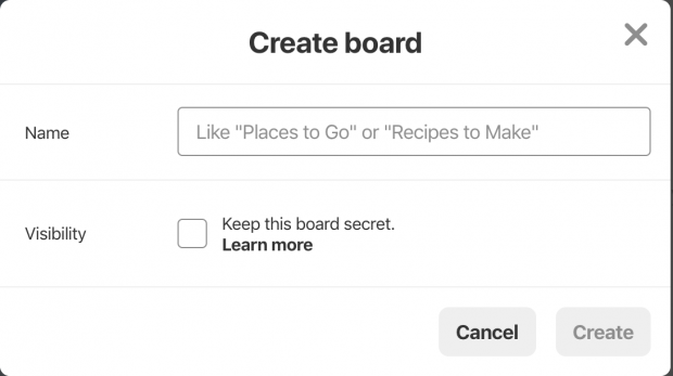 "Create board" page on Pinterest business profile, including "Name" and "Visibility" fields