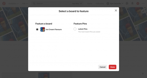 "Select a board to feature" prompt on Pinterest business profile
