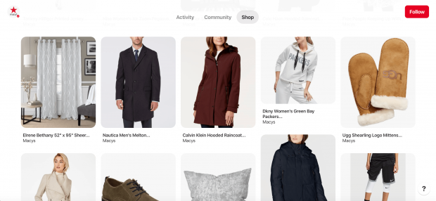 Macy's shop tab with 10 Pins of various clothing items