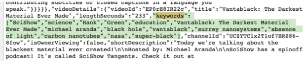 HTML code highlighting the word "keywords" and then "SciShow" "Science" "Hank", etc.