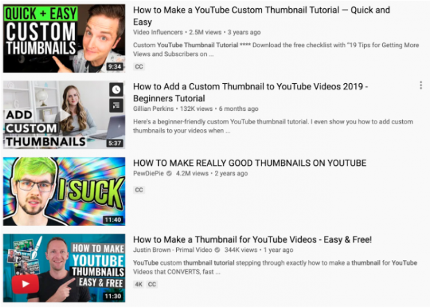 A selection of 4 YouTube video thumbnails, all of which have large text, bright colors, and closeups of a person's face