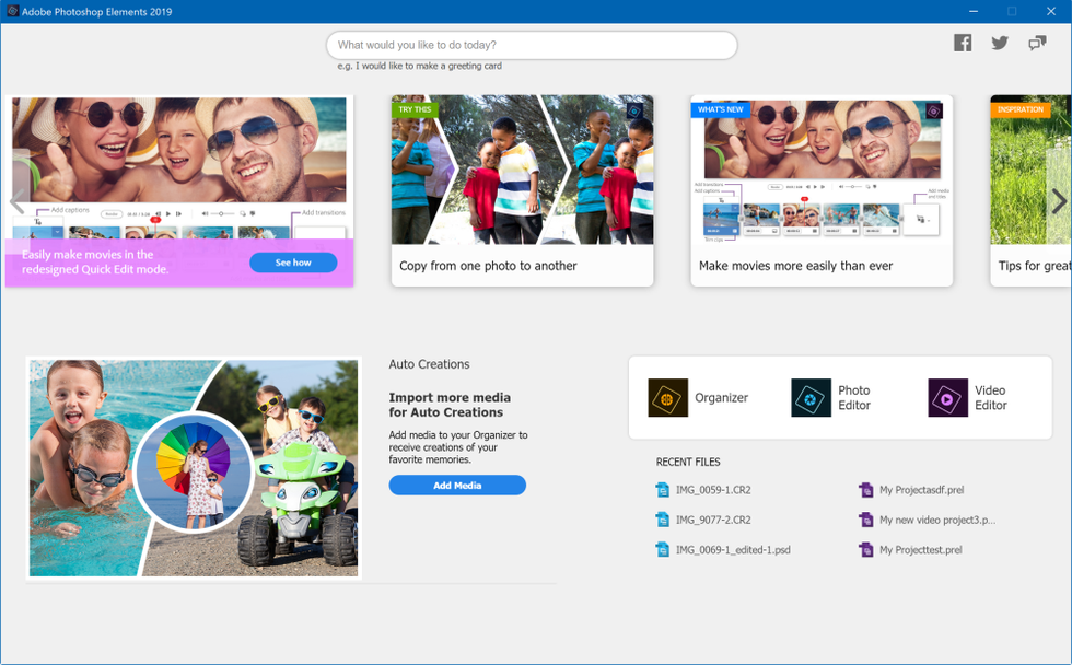 Adobe Photoshop Elements Home Screen