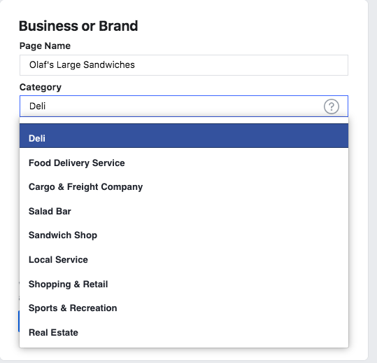Types of businesses or brands to choose from