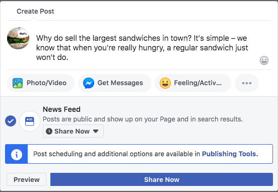 Creating a new post for a Facebook Business page