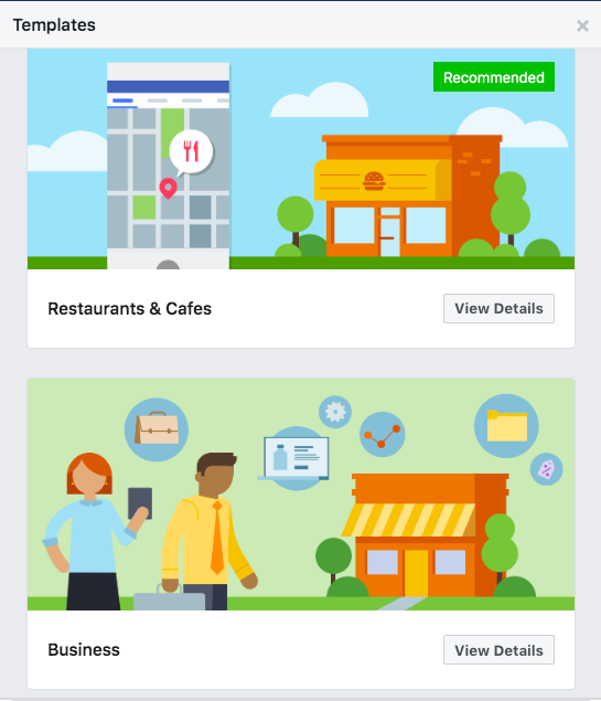 Templates for Facebook business pages: Restaurants & Cafes, and Business