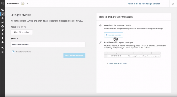 Download example button in Hootsuite dashboard