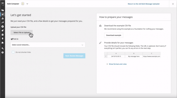 "Select file to upload" button in Bulk Composer Hootsuite