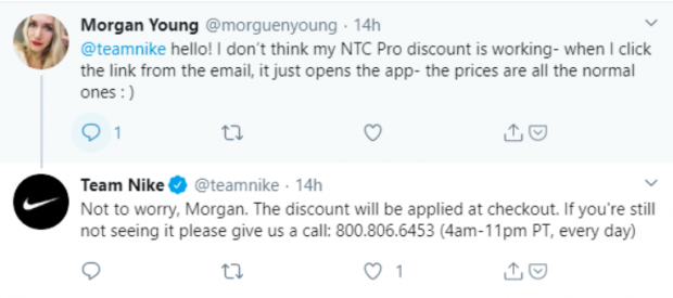 Nike response to customer request on Twitter
