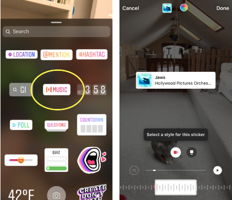 Music option selected on Instagram Stories screen + Instagram story with Jaws soundtrack