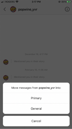 option to move messages from @popwine_yvr into Primary or General