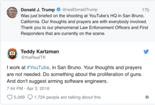 Tweet by Donald J Trump responding to YouTube shooting with negative reply from a YouTube employee requesting stricter gun laws