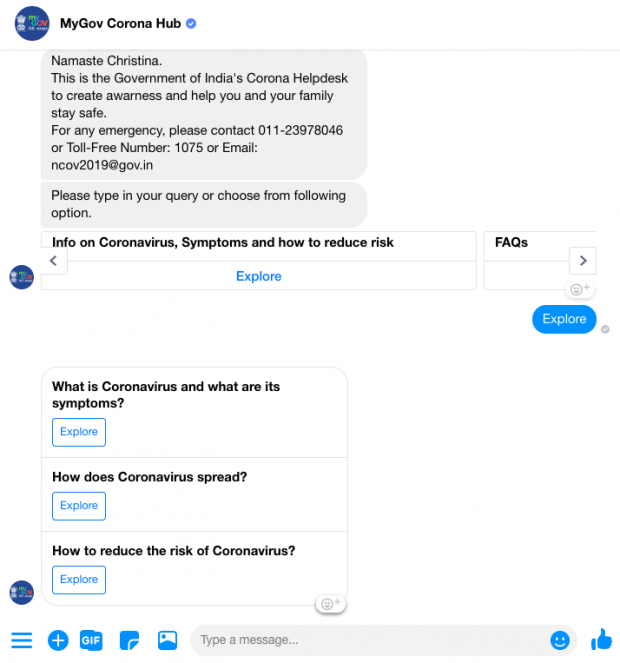 Screenshot of a Facebook messenger bot