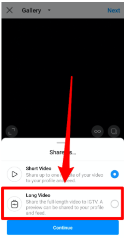 Long Video option for uplaoding an IGTV video