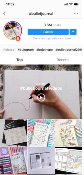 hashtag page for photos with #bulletjournal, including the video from the previous screenshot