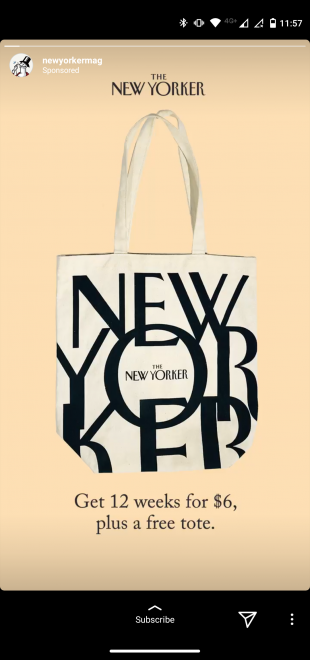 Instagram Stories ad by the New Yorker magazine