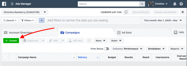Ads Manager dashboard highlighting "+Create" button