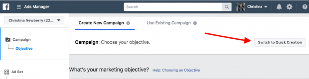 Instagram ads "Switch to Quick Creation" button in top right 
