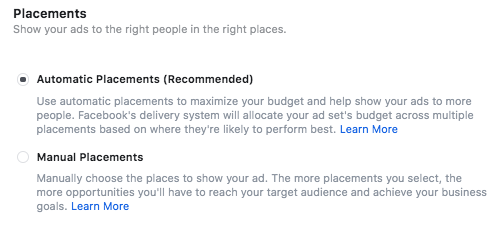 Instagram ads placement options, including automatic and manual