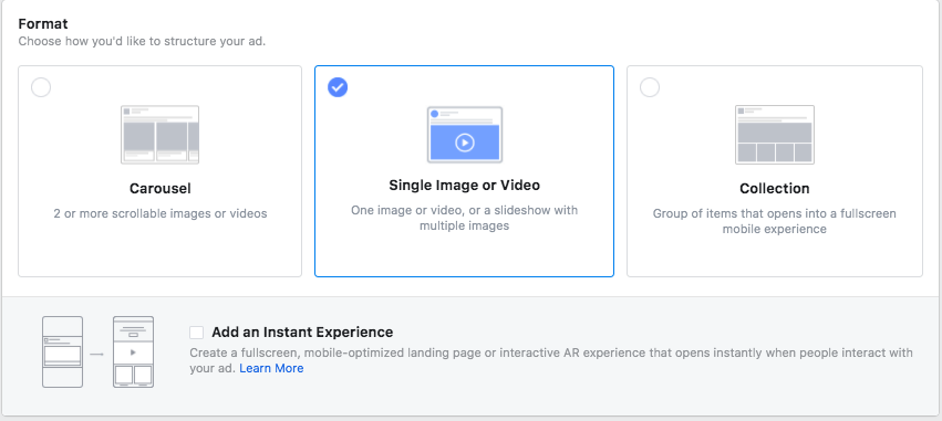 formatting options for Instagram advertising, including Carousel, Single Image or Video, Collection, and "Add an Instant Experience"