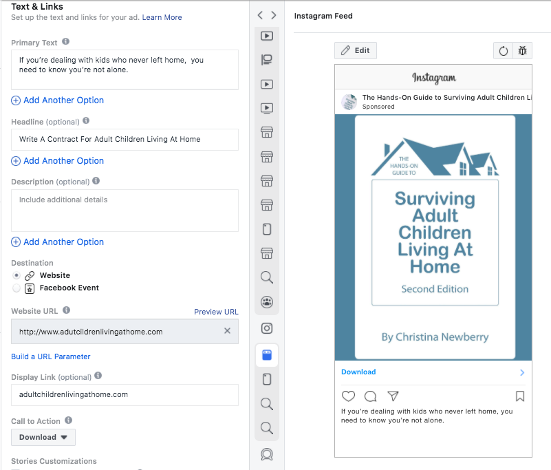 options to add a CTA and link to Instagram ads