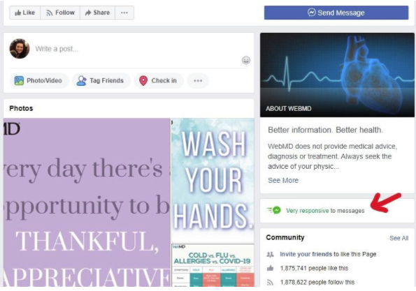 "Very responsive to messages" badge on WebMD Facebook page