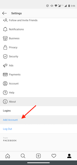 Add Account button on the Instagram app