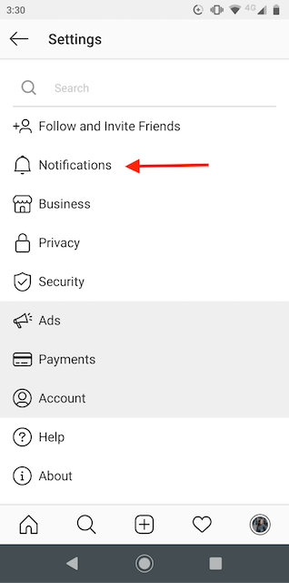 Instagram Notifications button on the menu