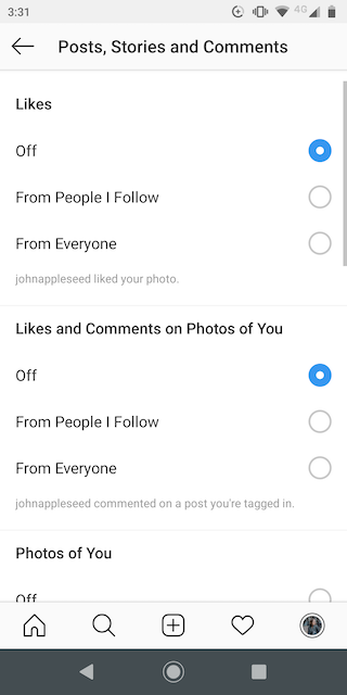 Notification options in Instagram