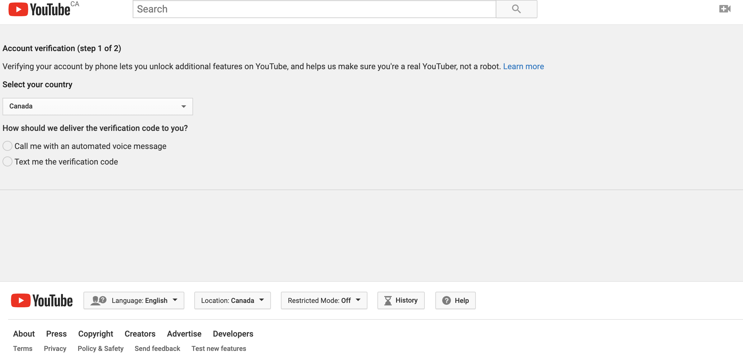 YouTube verification process step 1 of 2: Select your country