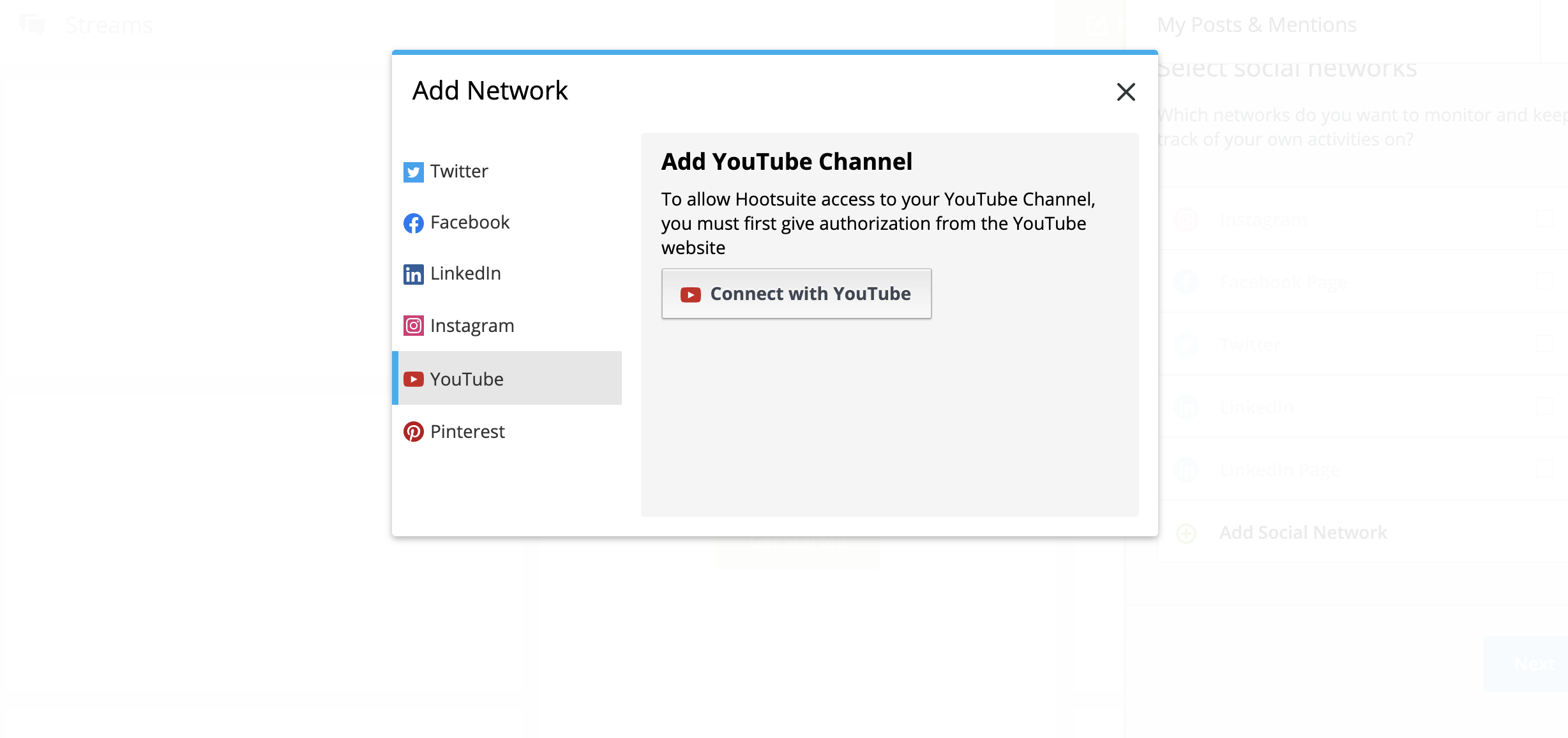 Connect YouTube channel with Hootsuite prompt