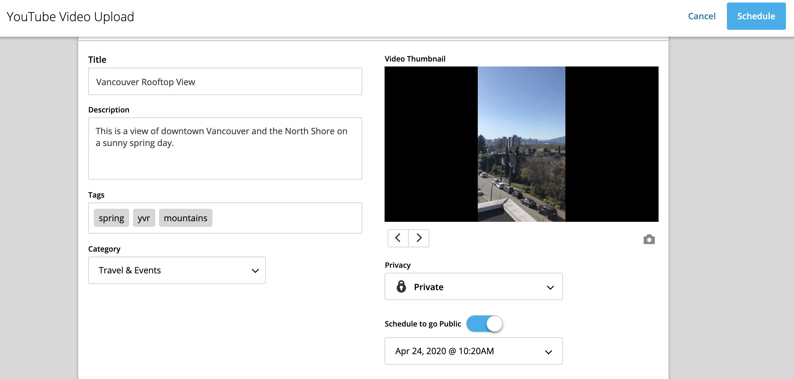 "Schedule to go public" toggle for YouTube video scheduling in Hootsuite