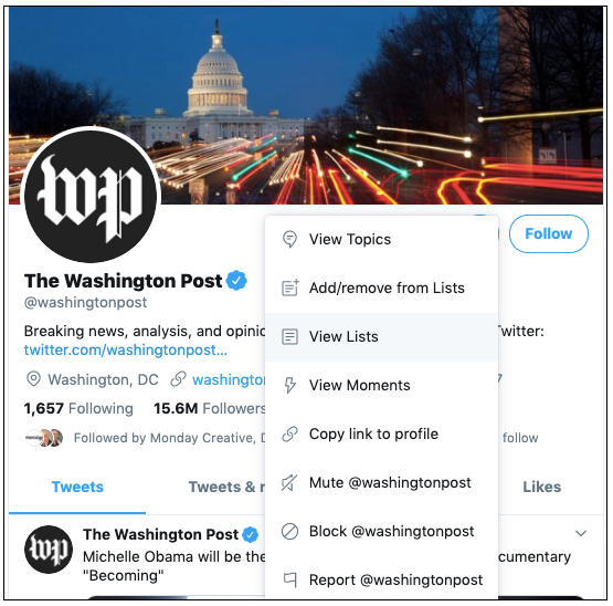 Washington Post twitter profile "view lists" option