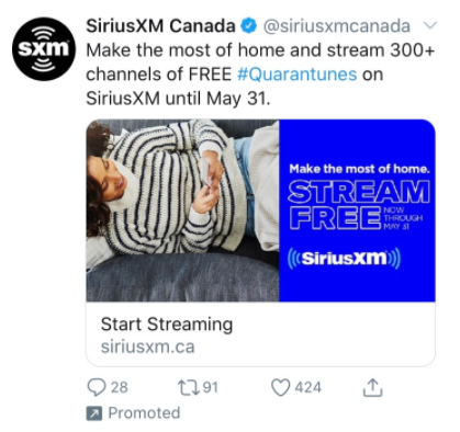 Sirius XM promoted post using hashtag #Quarantunes