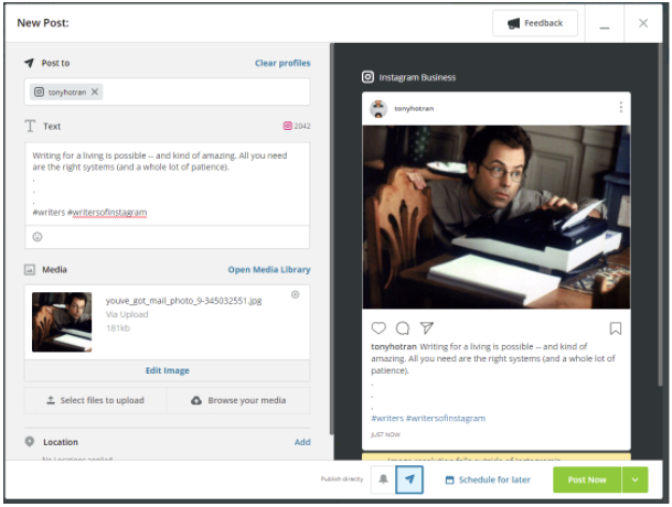 Post Now button in Hootsuite (and also Schedule for Later)