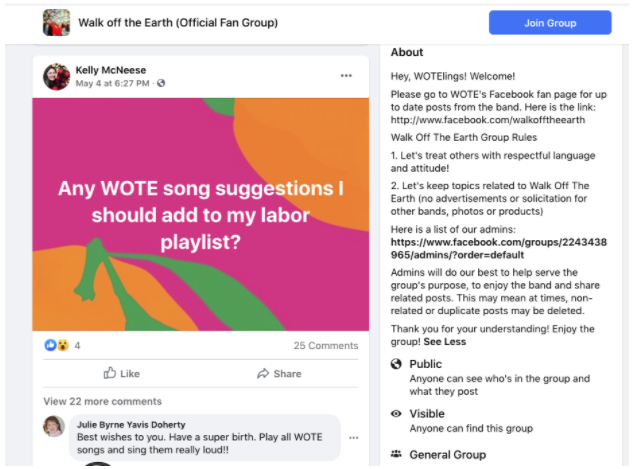 Fans asking each other for playlist suggestions in Walk off the Earth Facebook group 