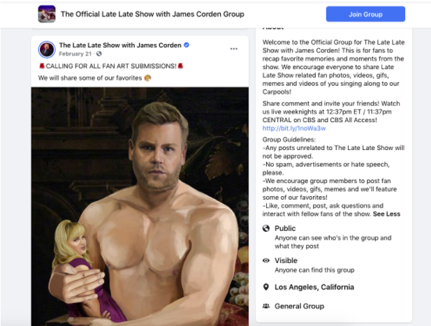 Call for fan art submissions in Late Late Show with James Corden Facebook group