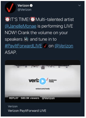 Verizon tweet promoting a Twitter Live with clock emojis