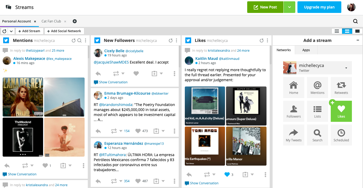 Hootsuite dashboard with multiple Twitter accounts in streams, with New Post button in top right