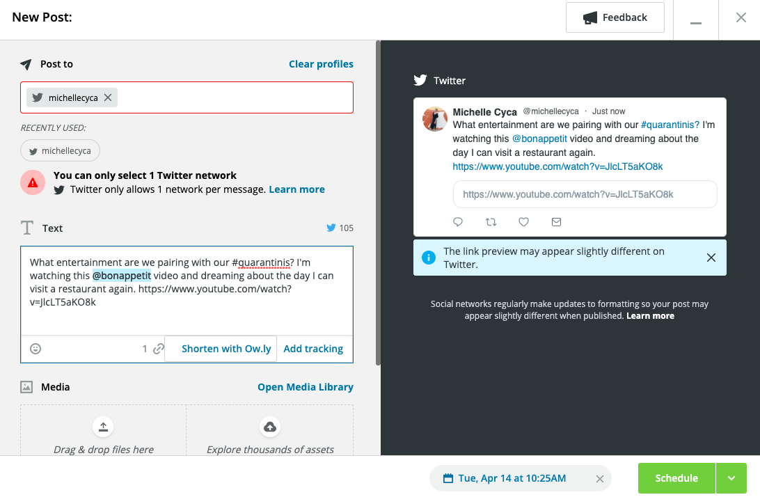 Not from Hootsuie that says "You can only select 1 Twitter network"