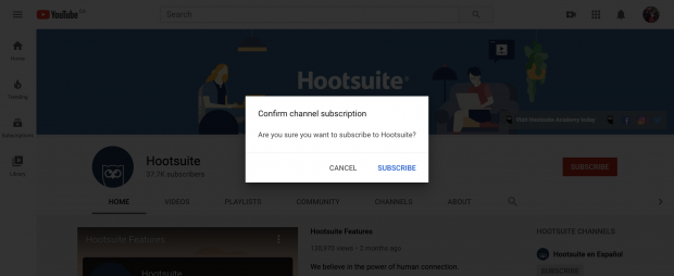 Confirm channel subscription button on YouTube
