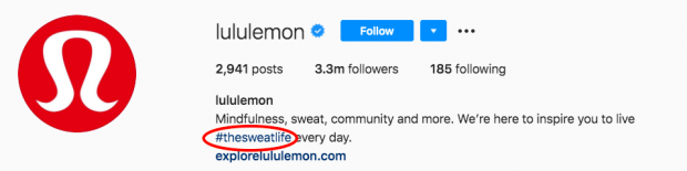 Lululemon's branded hashtag in the Instagram bio section