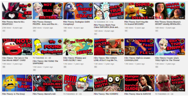 series of thumbnail images for youtube videos by The Film Theorists