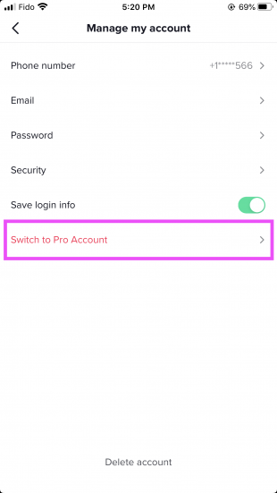 "Switch to Pro Account" option under Manage my account