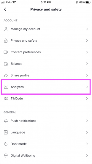 "Analytics" option in the TikTok Privacy and safety menu 