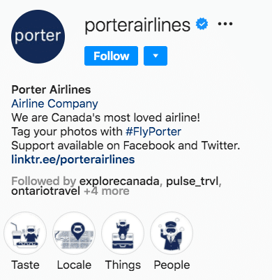Porter Airlines Instagram story highlights