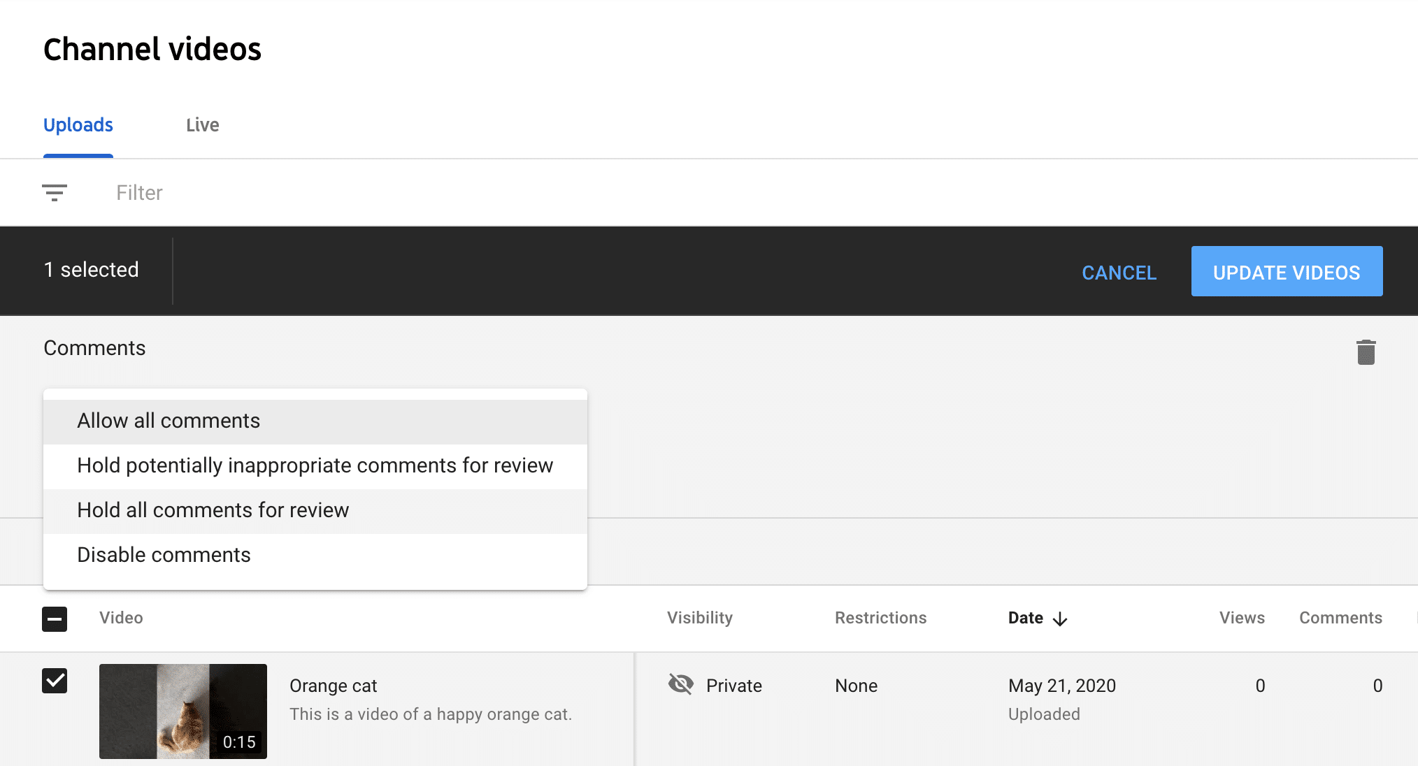  YouTube comments channel videos settings